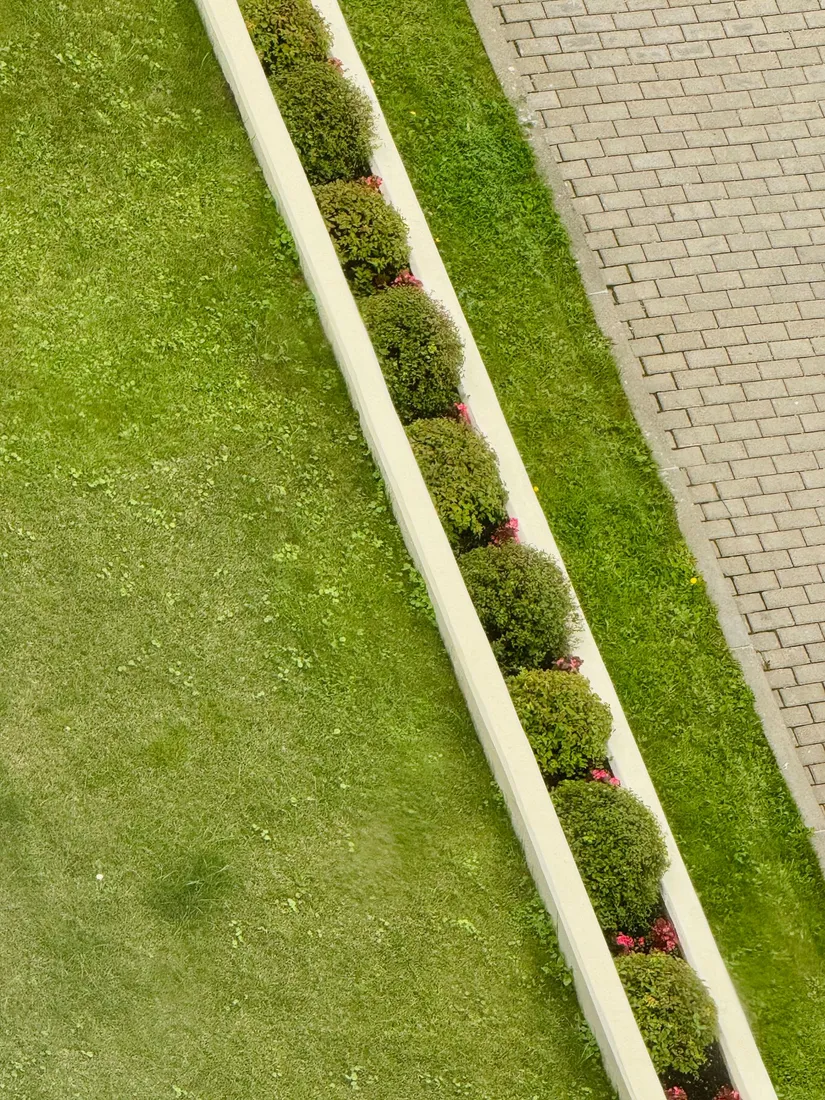 Garten mit geometrisch angeordneten Beeten und Wegen