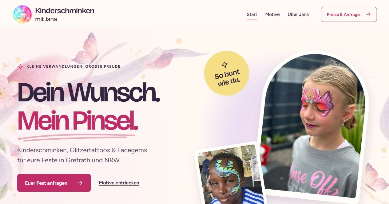 Webseitenansicht von Kinderschminken mit Jana